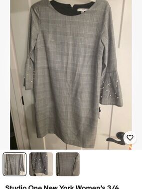 Gray Plaid Bell Sleeve Dress with Pearl Detail